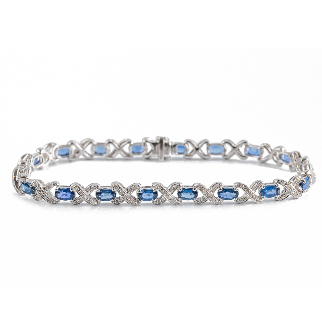 Pulseira ouro branco com safira azul e brilhantes